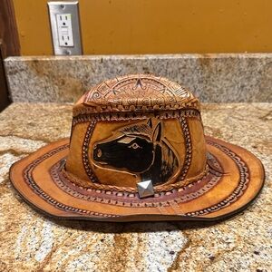 Handcrafted Leather Cowboy Hat with Horse Design